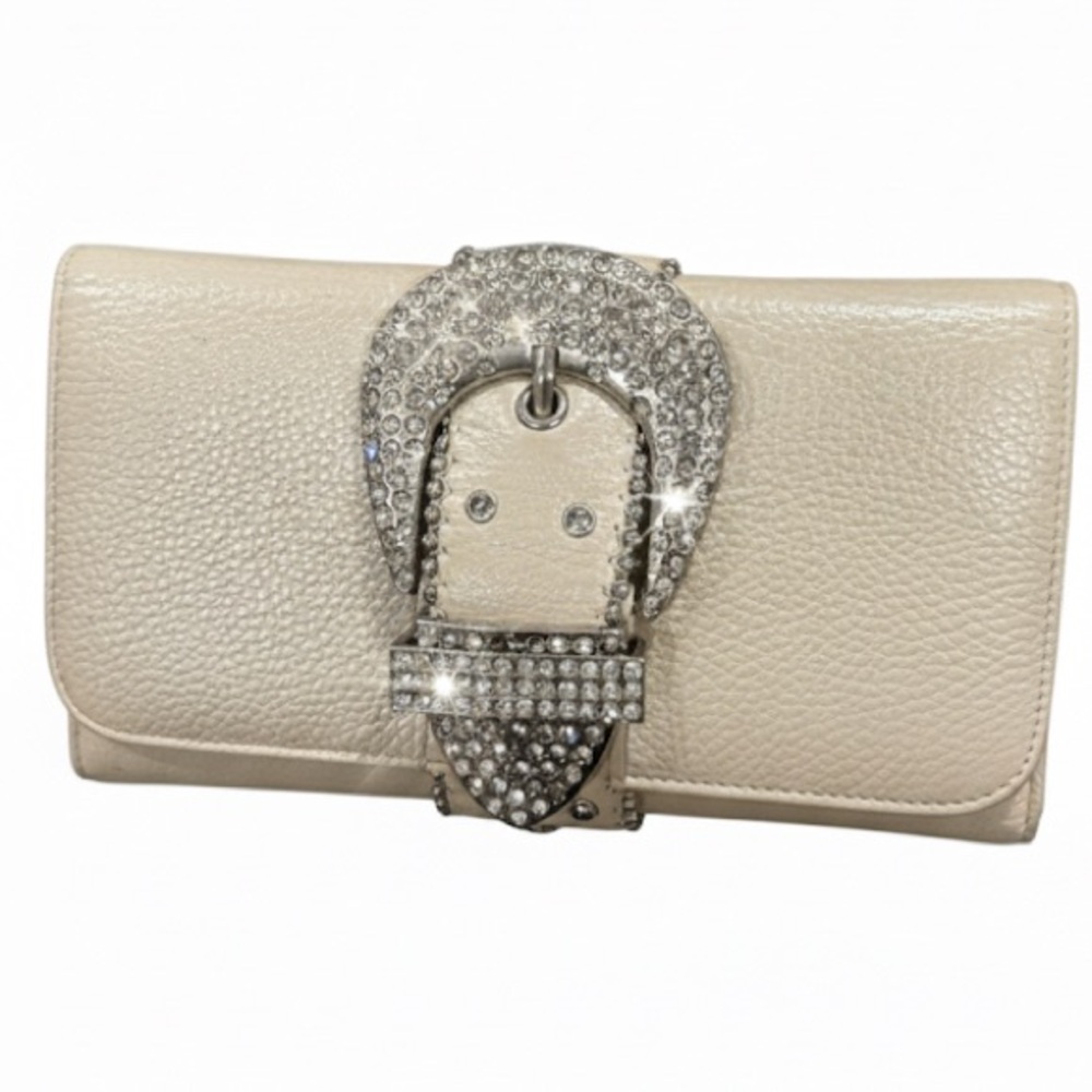 ‼️CHARM & LUCK PEARL LEATHER WALLET SWAROVSKI CRYSTAL EMBELLISHED SILVER BUCKLE
